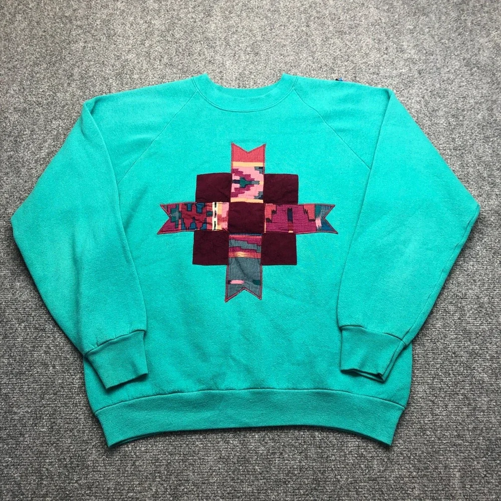 Vintage Teal Southwestern Patchwork Sweatshirt Womens Large USA